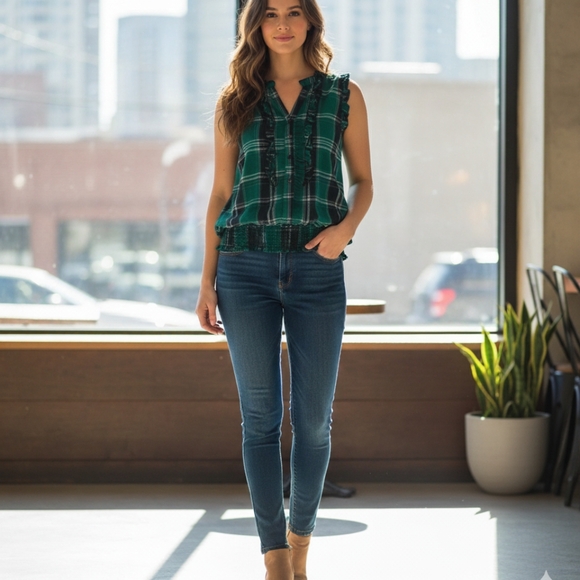 F21 Green Plaid Sheer Sleeveless Top - Picture 1 of 11